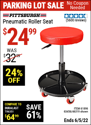 Buy the PITTSBURGH AUTOMOTIVE Pneumatic Roller Seat (Item 46319/61896/63456) for $24.99, valid through 6/5/2022.