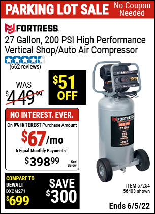 Buy the FORTRESS 27 Gallon 200 PSI Oil-Free Professional Air Compressor (Item 56403/57254) for $398.99, valid through 6/5/2022.