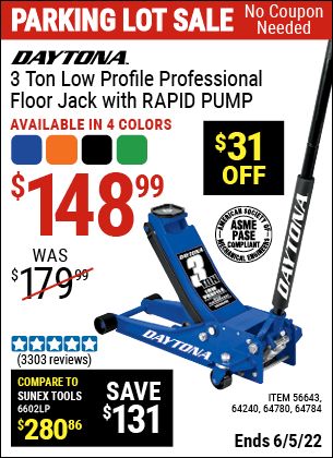 Buy the DAYTONA 3 Ton Low Profile Professional Rapid Pump® Floor Jack (Item 56643/64240/64360/64780/56261/64784) for $148.99, valid through 6/5/2022.