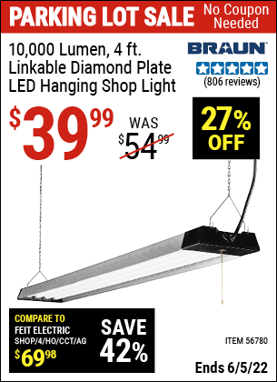 Buy the BRAUN 10,000 Lumen 4 Ft. Linkable Diamond Plate LED Hanging Shop Light (Item 56780) for $39.99, valid through 6/5/2022.