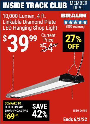 Inside Track Club members can buy the BRAUN 10,000 Lumen 4 Ft. Linkable Diamond Plate LED Hanging Shop Light (Item 56780) for $39.99, valid through 6/2/2022.