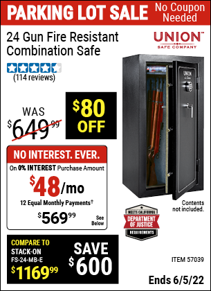 Buy the UNION SAFE COMPANY 24 Gun Fire Resistant Combination Safe (Item 57039) for $569.99, valid through 6/5/2022.