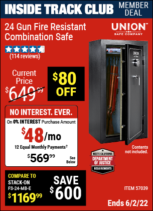 Inside Track Club members can buy the UNION SAFE COMPANY 24 Gun Fire Resistant Combination Safe (Item 57039) for $569.99, valid through 6/2/2022.