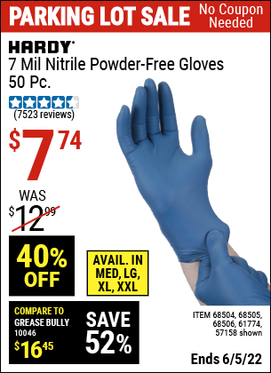 Buy the HARDY 7 Mil Nitrile Powder-Free Gloves, 50 Pc. XX-Large (Item 57158/68504/68505/68506/61774) for $7.74, valid through 6/5/2022.