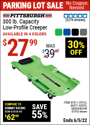 Buy the PITTSBURGH AUTOMOTIVE 40 In. 300 Lb. Capacity Low-Profile Creeper, Green (Item 57310/57311/57312/63371/63372/63424/64169) for $27.99, valid through 6/5/2022.
