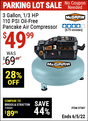 Buy the MCGRAW 3 Gallon 1/3 HP 110 PSI Oil-Free Pancake Air Compressor (Item 57567) for $49.99, valid through 6/5/2022.