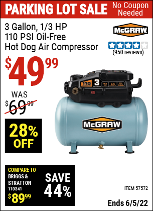 Details about   MCGRAW 3 Gallon 1/3 HP 110 PSI Oil-Free Hotdog Air Compressor 