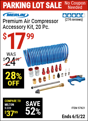 Buy the MERLIN Premium Air Compressor Accessory Kit, 20 Pc. (Item 57621) for $17.99, valid through 6/5/2022.