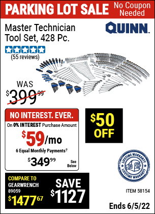 Buy the QUINN Master Technician Tool Set – 428 Pc. (Item 58154) for $349.99, valid through 6/5/2022.