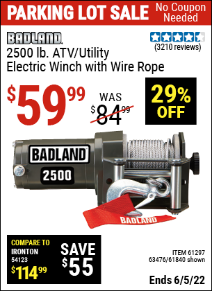 Buy the BADLAND 2500 lb. ATV/Utility Winch (Item 61840/61297/63476) for $59.99, valid through 6/5/2022.