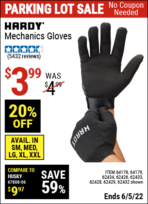 Buy the HARDY Mechanic's Gloves X-Large (Item 62432/62429/62433/62428/62434/62426/64178/64179) for $3.99, valid through 6/5/2022.