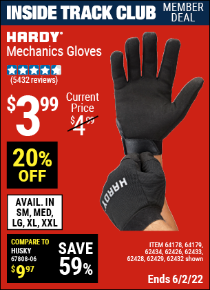Inside Track Club members can buy the HARDY Mechanic's Gloves X-Large (Item 62432/62429/62433/62428/62434/62426/64178/64179) for $3.99, valid through 6/2/2022.