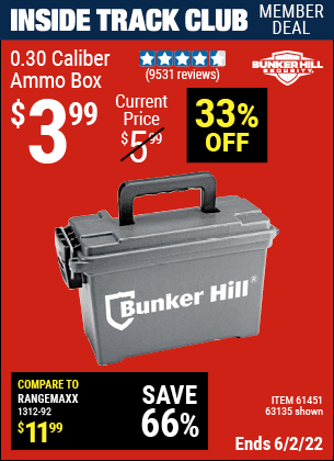Inside Track Club members can buy the BUNKER HILL SECURITY Ammo Dry Box (Item 63135/61451) for $3.99, valid through 6/2/2022.