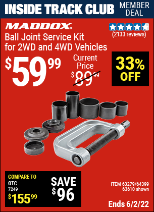 Inside Track Club members can buy the MADDOX Ball Joint Service Kit for 2WD and 4WD Vehicles (Item 63279/63279/64399) for $59.99, valid through 6/2/2022.