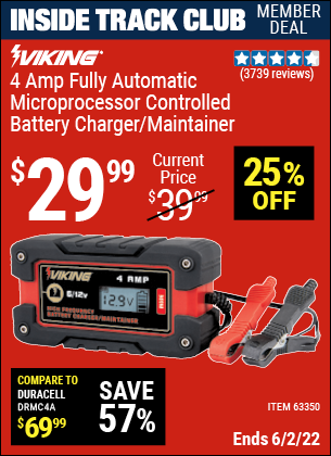 Inside Track Club members can buy the VIKING 4 Amp Fully Automatic Microprocessor Controlled Battery Charger/Maintainer (Item 63350) for $29.99, valid through 6/2/2022.