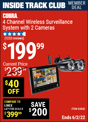 Inside Track Club members can buy the COBRA 4 Channel Wireless Surveillance System with 2 Cameras (Item 63842) for $199.99, valid through 6/2/2022.