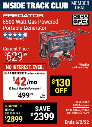 Inside Track Club members can buy the PREDATOR 6500 Watt Max Starting Gas Powered Generator (Item 63966/63967/63964/63965) for $499.99, valid through 6/2/2022.
