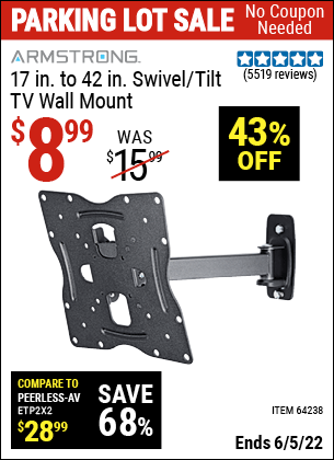 Buy the ARMSTRONG 17 In. To 42 In. Swivel/Tilt TV Wall Mount (Item 64238) for $8.99, valid through 6/5/2022.