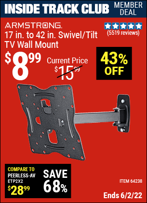 Inside Track Club members can buy the ARMSTRONG 17 In. To 42 In. Swivel/Tilt TV Wall Mount (Item 64238) for $8.99, valid through 6/2/2022.