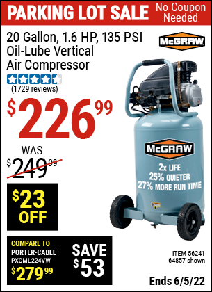 Buy the MCGRAW 20 Gallon 1.6 HP 135 PSI Oil Lube Vertical Air Compressor (Item 64857/56241) for $226.99, valid through 6/5/2022.