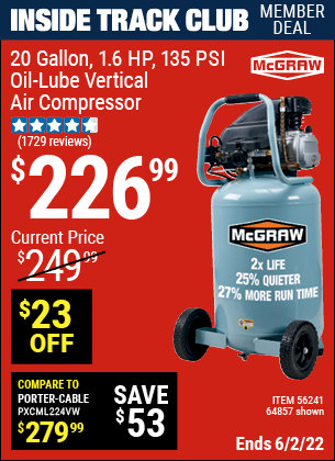Inside Track Club members can buy the MCGRAW 20 Gallon 1.6 HP 135 PSI Oil Lube Vertical Air Compressor (Item 64857/56241) for $226.99, valid through 6/2/2022.
