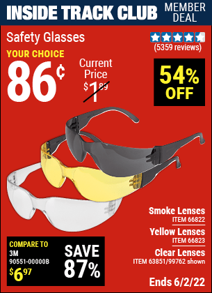 Inside Track Club members can buy the WESTERN SAFETY Safety Glasses with Smoke Lenses (Item 66822/66823/99762/63851) for $0.86, valid through 6/2/2022.