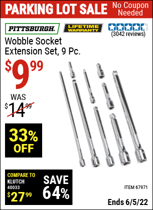 Buy the PITTSBURGH Wobble Socket Extension Set 9 Pc. (Item 67971) for $9.99, valid through 6/5/2022.