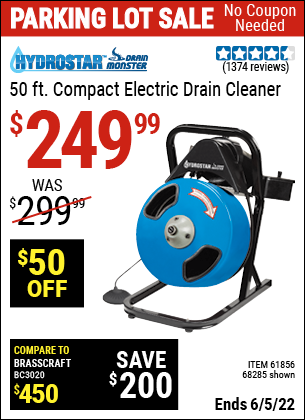 Buy the PACIFIC HYDROSTAR 50 Ft. Compact Electric Drain Cleaner (Item 68285/61856) for $249.99, valid through 6/5/2022.
