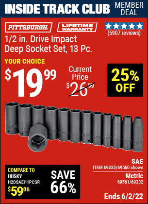 Inside Track Club members can buy the PITTSBURGH 1/2 in. Drive SAE Impact Deep Socket Set 13 Pc. (Item 69560/69333/69561/69332) for $19.99, valid through 6/2/2022.