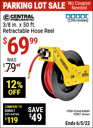 Buy the CENTRAL PNEUMATIC 3/8 In. X 50 Ft. Retractable Hose Reel (Item 93897/62344/64685) for $69.99, valid through 6/5/2022.