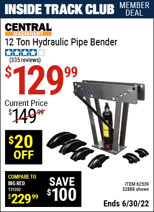 Buy the CENTRAL MACHINERY 12 Ton Hydraulic Pipe Bender (Item 32888/62539) for $129.99, valid through 6/30/2022.