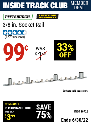 Buy the PITTSBURGH 3/8 in. Socket Rail (Item 39722) for $0.99, valid through 6/30/2022.
