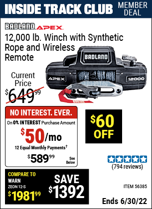 Buy the BADLAND APEX Synthetic 12000 Lb. Wireless Winch (Item 56385) for $589.99, valid through 6/30/2022.