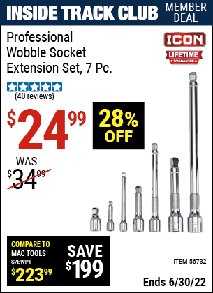 Buy the ICON Professional Wobble Socket Extension Set, 7 Pc. (Item 56732) for $24.99, valid through 6/30/2022.