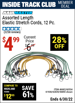 Buy the HAUL-MASTER Assorted Length Elastic Stretch Cords 12 Pc. (Item 56890/46682/60534/61938/62839) for $4.99, valid through 6/30/2022.