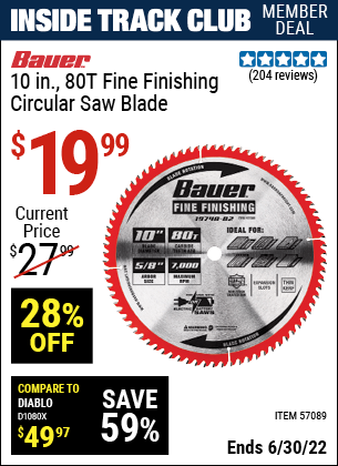 Buy the BAUER 10 In. 80T Fine Finishing Circular Saw Blade (Item 57089) for $19.99, valid through 6/30/2022.