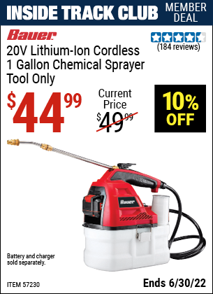 Buy the BAUER 20v Hypermax™ Lithium-Ion Cordless 1 Gallon Chemical Sprayer – Tool Only (Item 57230) for $44.99, valid through 6/30/2022.