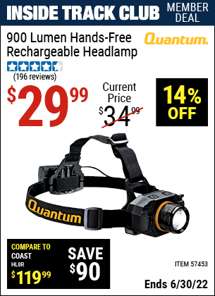 Buy the QUANTUM 900 Lumen Hands-Free Rechargeable Headlamp (Item 57453) for $29.99, valid through 6/30/2022.