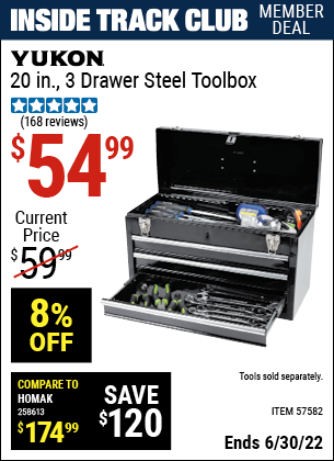 Buy the YUKON 20 in. 3 Drawer Steel Toolbox (Item 57582) for $54.99, valid through 6/30/2022.