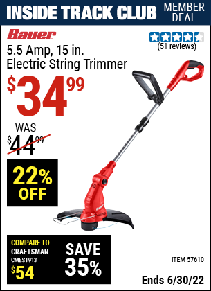 Buy the BAUER Corded 5.5 Amp 15 in. Electric String Trimmer (Item 57610) for $34.99, valid through 6/30/2022.