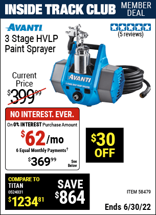 Buy the AVANTI 3 Stage HVLP Paint Sprayer (Item 58479) for $369.99, valid through 6/30/2022.