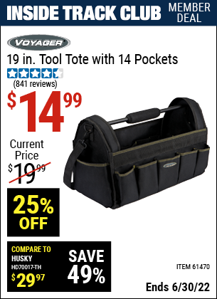 Buy the VOYAGER 19 in. Tool Tote with 14 Pockets (Item 61470) for $14.99, valid through 6/30/2022.