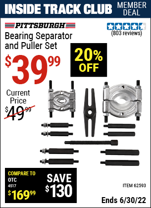 Buy the PITTSBURGH AUTOMOTIVE Bearing Separator and Puller Set (Item 62593) for $39.99, valid through 6/30/2022.