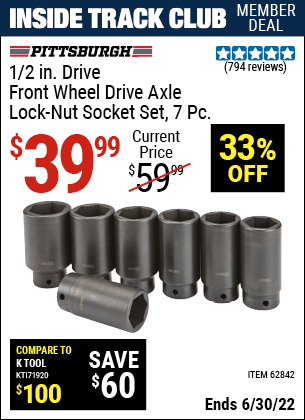 Buy the PITTSBURGH AUTOMOTIVE 1/2 in. Drive Front Wheel Drive Axle Lock-Nut Socket Set 7 Pc. (Item 62842) for $39.99, valid through 6/30/2022.