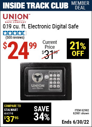 Buy the UNION SAFE COMPANY 0.19 Cubic Ft. Electronic Digital Safe (Item 62981/62982) for $24.99, valid through 6/30/2022.