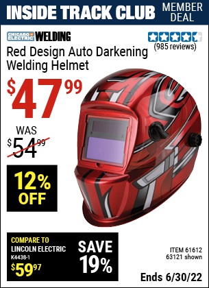 Buy the CHICAGO ELECTRIC Red Design Auto Darkening Welding Helmet (Item 63121/61612) for $47.99, valid through 6/30/2022.