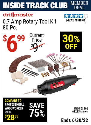 Buy the DRILL MASTER Rotary Tool Kit 80 Pc. (Item 63235/63292) for $6.99, valid through 6/30/2022.
