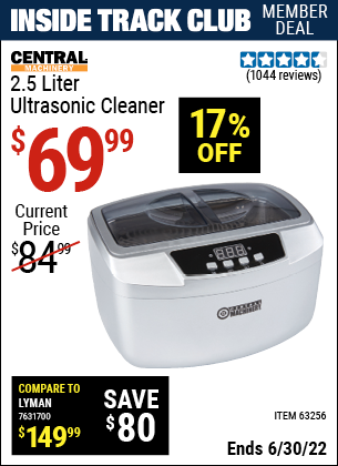 Buy the CENTRAL MACHINERY 2.5 Liter Ultrasonic Cleaner (Item 63256) for $69.99, valid through 6/30/2022.
