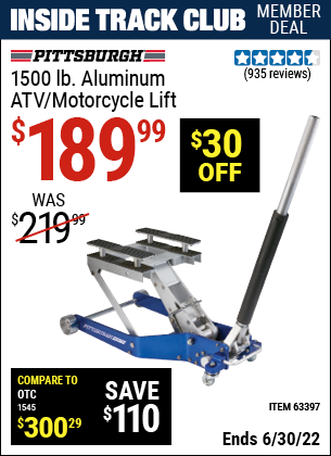 Buy the PITTSBURGH AUTOMOTIVE 1500 lb. Capacity ATV / Motorcycle Lift (Item 63397) for $189.99, valid through 6/30/2022.