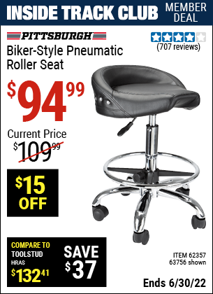 Buy the PITTSBURGH AUTOMOTIVE Biker-Style Pneumatic Roller Seat (Item 63756/62357) for $94.99, valid through 6/30/2022.